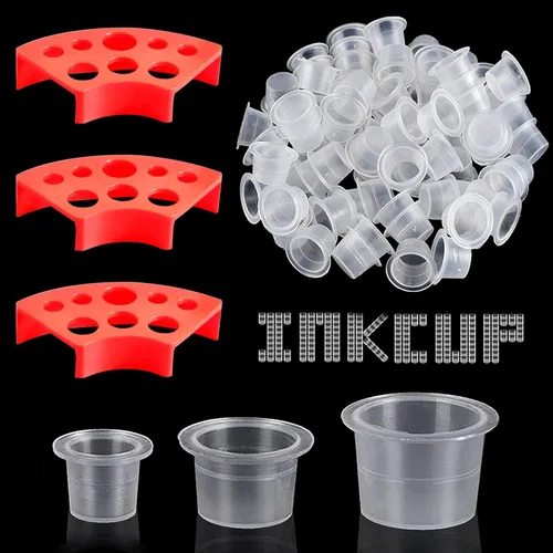 Miniatura 9 de Tapas de tinta de tatuaje con portavasos, 300 vasos de tinta de tatuaje de tamaño mixto, 100 pequeños, 100, medianos, 100 grandes, con 3 soportes