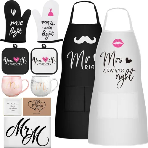 Mepase Juego de 10 delantales de regalo para pareja, despedida de soltera, boda, compromiso, delantal, tapete aislante, taza, guantes, plato de