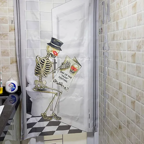 Miniatura 7 de Tatuo Cubierta de puerta de esqueleto - Decoraciones de Halloween, fondo de baño, suministros de fiesta en interiores, 30 x 60 pulgadas