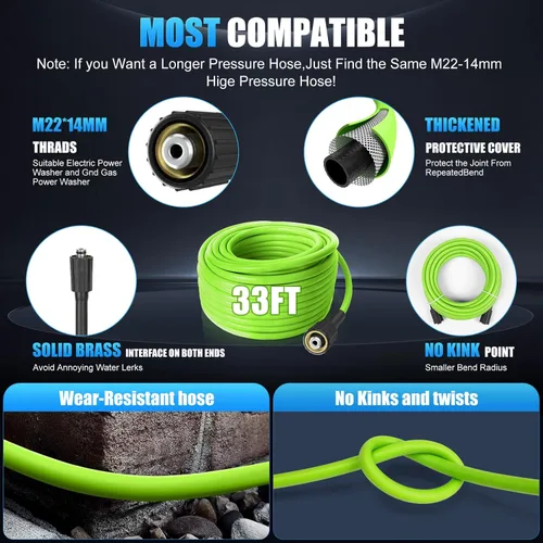 Miniatura 6 de Lavadora a presión eléctrica ajustable de 5000 PSI con manguera de extensión flexible de 33 pies + cable de alimentación de 34 pies, 4 boquillas