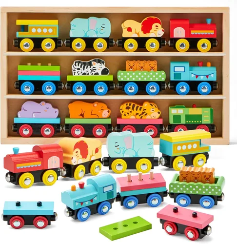 Montessori - Juego de juguetes de tren de madera para niños, 12 vagones magnéticos de tren con caja de regalo de almacenamiento, juguete educativo