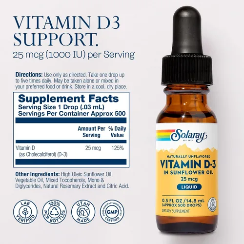Miniatura 2 de SOLARAY Gotas líquidas de vitamina D3 de 25 mcg (1000 UI) - Gotas de vitamina D de absorción mejorada en aceite de girasol para soporte VIT D3