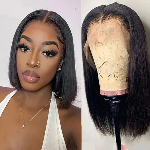 Miniatura 18 de Peluca de cabello humano lacio marrón con reflejos de 13 x 4, peluca frontal de encaje transparente #4, peluca corta Bob para mujeres negras