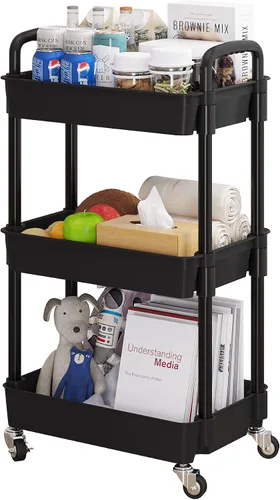 Miniatura 15 de UDEAR Carrito utilitario rodante de 3 niveles, estantes de almacenamiento multifuncionales con asa y ruedas con cerradura para habitación, oficina