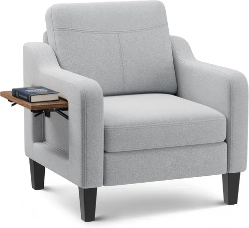 Miniatura 10 de Silla de acento para sala de estar, sillón moderno tapizado en lino, silla de sofá lateral de tela con estructura de madera con mesa plegable, 2