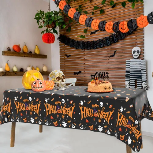 Miniatura 5 de Labeol Paquete de 3 manteles de Halloween, 108 x 54 pulgadas, manteles de Halloween negros, desechables, impermeables, de plástico, rectangular