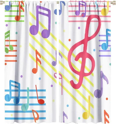 Cortinas con notas temáticas musicales, coloridas y abstractas modernas, con estampado de símbolos de música moderna, cortinas opacas con Notas