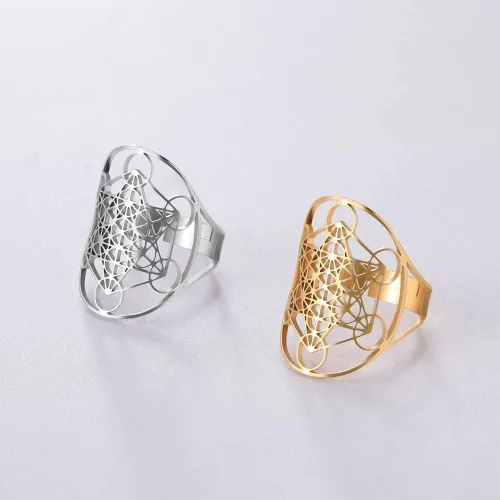 Miniatura 8 de Amaxer Metatron's - Anillo de acero inoxidable con diseño de arco y metatrón, para mujer, con banda abierta
