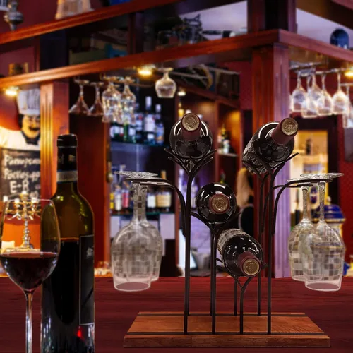 Miniatura 7 de Soporte de madera para vino de mesa, estante de vino de encimera, capacidad para 4 botellas de vino y 4 vasos, perfecto para decoración del hogar