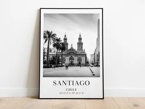 Cartel de Santiago, foto de Santiago, foto de Chile, fotografía de América del Sur, Ciudades del mundo en blanco y negro, póster de viaje
