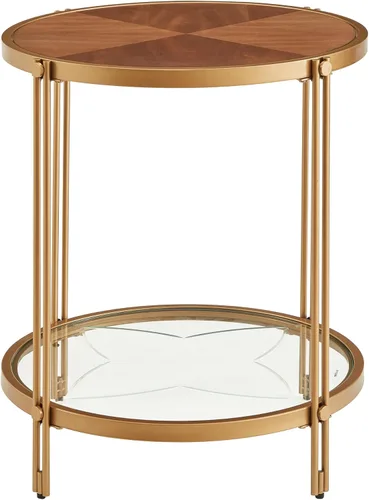 Miniatura 11 de Mesa de centro redonda de madera de 32 pulgadas con parte inferior de cristal, mesa de centro circular con parte superior de madera y marco