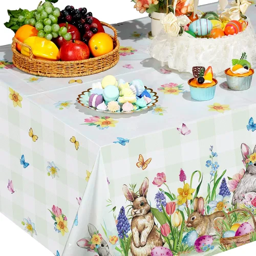 Miniatura 5 de Riakrum Mantel de Pascua rectangular de plástico con huevos de conejo, mantel floral para decoración y suministros de fiesta de Pascua, primavera
