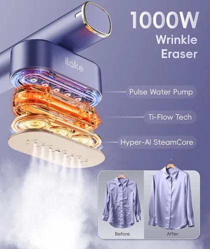 Miniatura 4 de Vaporizador para ropa, vaporizador portátil de 1000 W, tamaño de viaje, 100-240 V de doble voltaje, tanque de 4.1 fl oz, vapor de mano y plancha 2