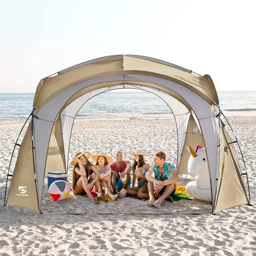 Tienda de campaña de playa de 12 x 12 pies, gran toldo desplegable UPF50+ con 2 paredes laterales, refugio solar resistente a la lluvia, impermeable