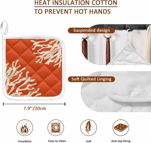 Miniatura 9 de Juego de 2 soportes para ollas de coral oceánico para cocina, platos para horno, almohadillas a prueba de calor con lazo para colgar, agarraderas