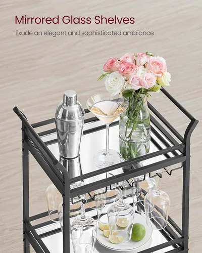 Miniatura 4 de VASAGLE Carrito de Bar, Carrito de Servicio de Bar para el Hogar, Carrito de Servicio de Bar Pequeño con Estante de 3 Niveles, Soportes para Vino
