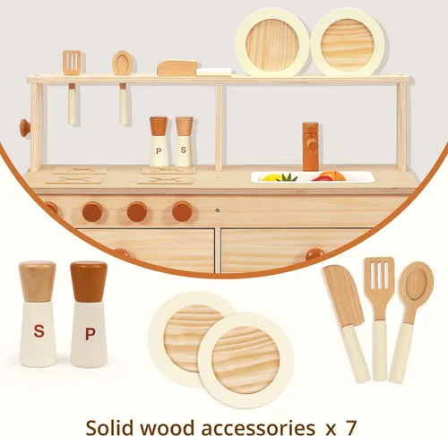 Miniatura 2 de PairPear Cocina de Juego para Niños, Cocina de Juego Grande de Madera Natural para Niños con Accesorios de Simulación con Manualidades DIY