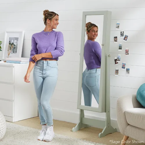 Miniatura 6 de Best Choice Products Armario de joyería y organizador de maquillaje en espejo de pie de cuerpo completo, con cerradura y forro de terciopelo, 3