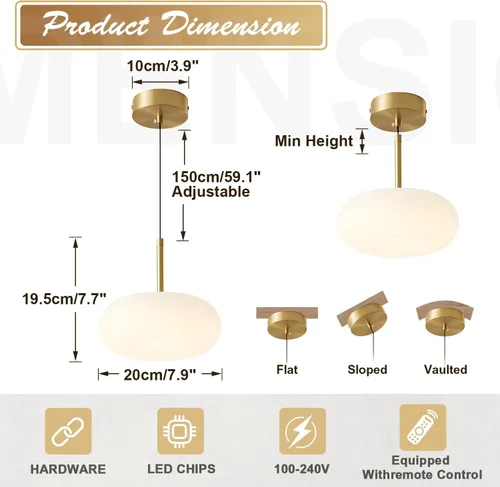 Miniatura 2 de MPL02-20G-2 - Lámpara colgante de globo dorado, estilo vintage, moderna, para isla de cocina, juego de 2 luces colgantes LED regulables con control