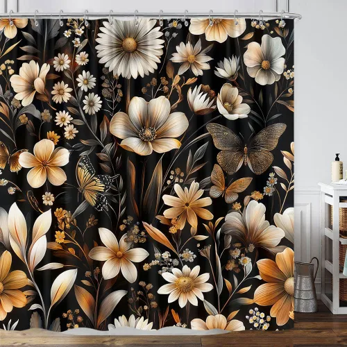 Miniatura 19 de Cortina de ducha de mariposa floral negra y dorada, cortina de ducha bohemia con diseño botánico de flores oscuras para baño con gancho, juego