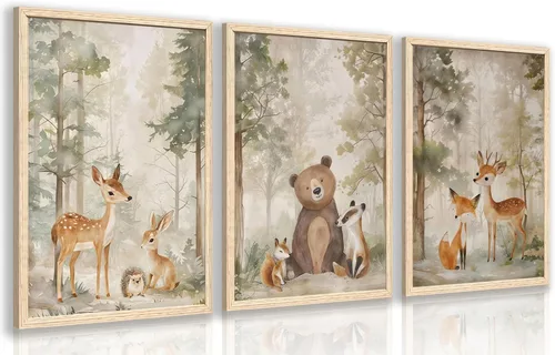 Miniatura 8 de Cyebmo Juego de 3 pinturas enmarcadas de animales del bosque, decoración de pared de animales salvajes del bosque, decoración de pared, pintura