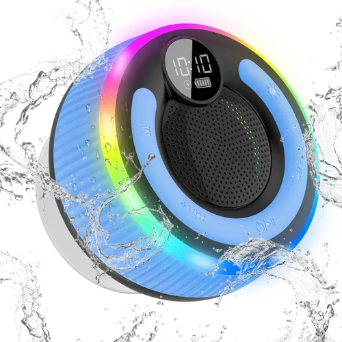 Altavoz Bluetooth, altavoz de ducha con sonido estéreo HD, IPX7 impermeable, pantalla digital, altavoz portátil con ventosa, luz LED, pequeños