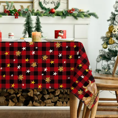 Miniatura 3 de Horaldaily Mantel de Navidad 52×70 Pulgadas, Santo Nacimiento Búfalo Rojo a Cuadros Cubierta de Mesa Lavable para Fiesta Pícnic Cena Decoración