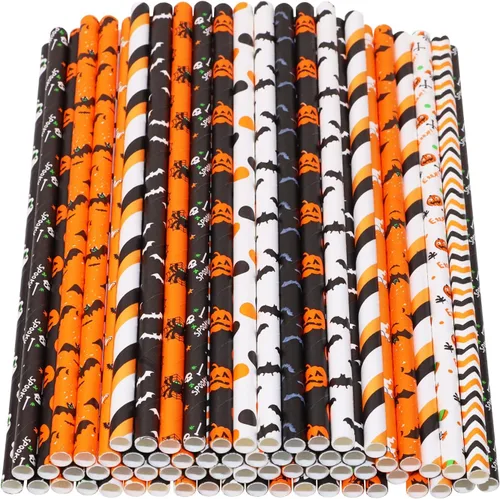 Pajitas de papel para Halloween, diseño de ángel penta, 50 unidades, calabaza, murciélago, araña, casada, cráneo, sorbete para niños, Halloween,