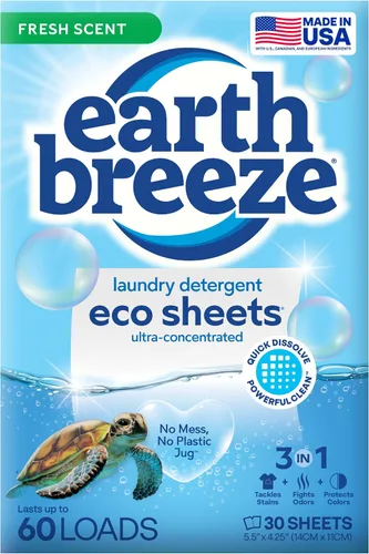 Earth Breeze Hojas de detergente para ropa con aroma fresco, 60 cargas, jabón ecológico sin líquido, apto para viajes para ciclos fríos y calientes,