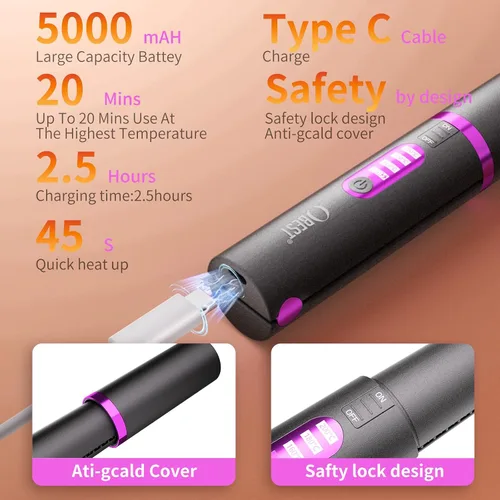 Miniatura 7 de OBEST Rizador de pelo inalámbrico 2 en 1, plancha plana inalámbrica de calentamiento rápido, alisador portátil para alisar y rizar el cabello, 5000
