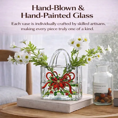 Miniatura 4 de Jarrón con textura floral pintado a mano, jarrón de cristal en forma de bolso de 9.1 pulgadas con patrones 3D, centro de mesa botánico engrosado