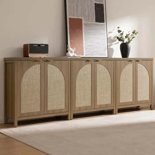 Miniatura 16 de SICOTAS Juego de 3 aparadores de ratán de 102 pulgadas de ancho, armario de almacenamiento moderno Credenza con puertas de arco y estantes, Roble