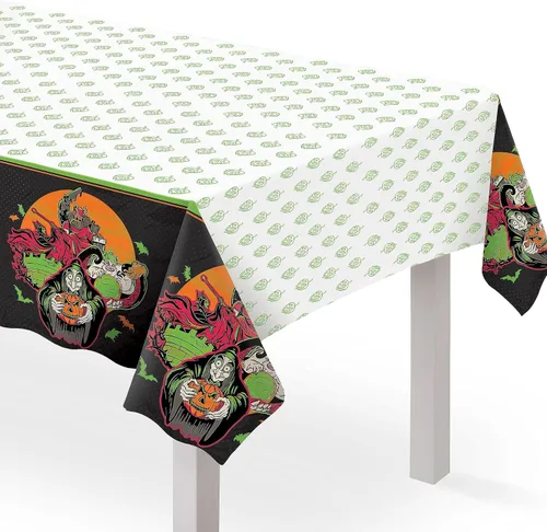 Mantel de plástico multicolor, 54 x 96 pulgadas (1 unidad), decoración de fiesta espeluznante perfecta para niños y adultos, villanos de Halloween