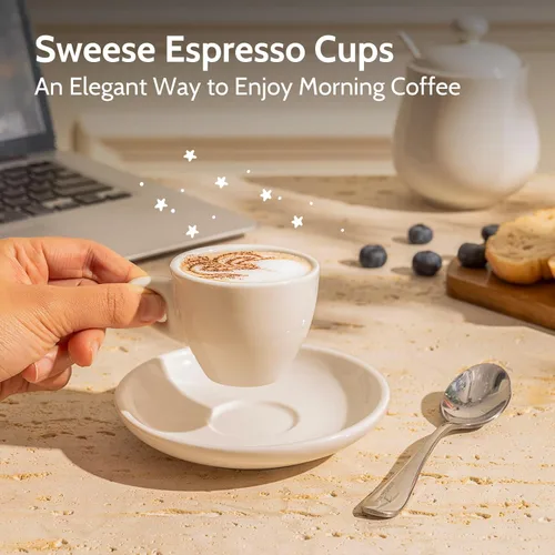 Miniatura 5 de Sweese - Juego de 6 tazas de porcelana de 4 onzas con platillos para espresso, capuchino, latte, té - Color blanco