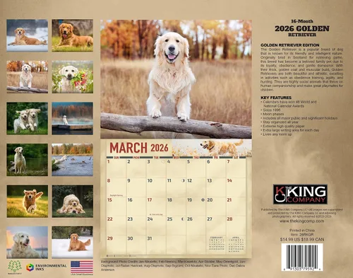 Miniatura 2 de The KING Company-Monster Calendars - Calendario de pared 2026 de 16 meses, tamaño XL, 14 x 22 pulgadas, calendario de perro retriever