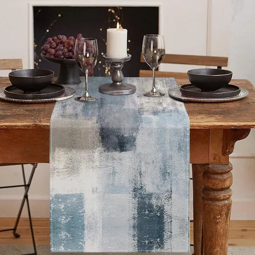 Emvency - Camino de mesa de estilo granja, pintura de arte abstracto vintage en azul y gris para mesa de cocina, cenas familiares, fiestas, bodas,