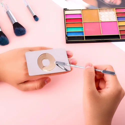Miniatura 5 de Paleta de mezcla de maquillaje Paleta de base de acero inoxidable con espátula Paleta cosmética profesional para mezclar base, sombra de ojos, uñas