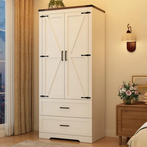Miniatura 12 de St.Mandyu Armario Ropero de Granja con 3 Puertas y 2 Cajones, Gabinete de Almacenamiento de Ropa de Madera de 70.1", Armario Ropero Independiente