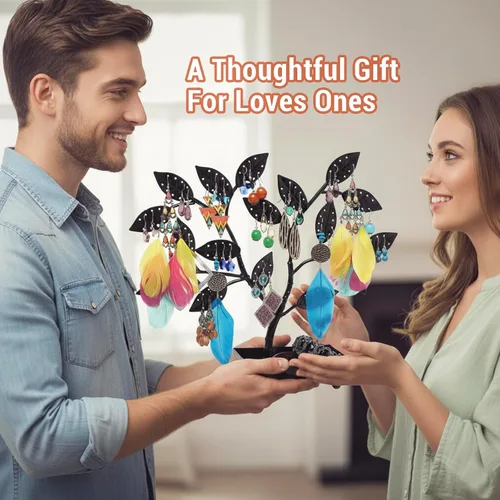 Miniatura 6 de MyGift - Árbol para colgar joyas, aretes y collares con charola para anillos., Metal, Negro, S