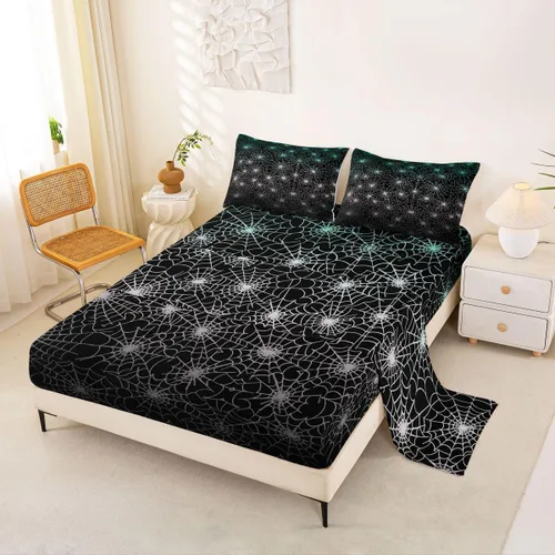 Miniatura 17 de Erosebridal Sábanas de Telaraña Juego de Sábanas Feliz Halloween Juego de Ropa de Cama de Líneas Rayas Geométricas Tamaño King Sábana Plana Amarillo