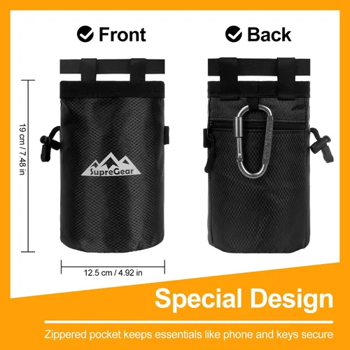 Miniatura 3 de supregear Bolsa de tiza para escalada en roca, bolsillo grande con cremallera con soporte para cepillo, cierre de cordón y clip de mosquetón, ideal