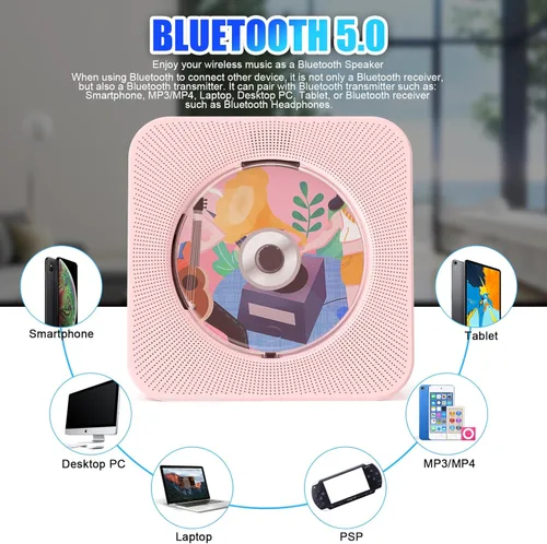 Miniatura 24 de Gueray Reproductor de CD portátil, reproductor de CD Kpop Bluetooth para escritorio con altavoz de sonido de alta fidelidad, radio FM, reproductor