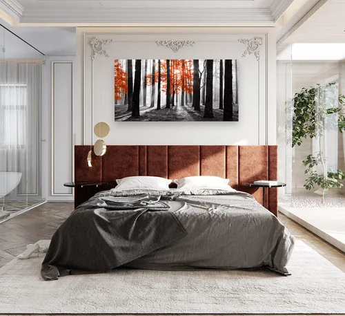 Miniatura 5 de Cao Gen Decor Art S06675 - Lienzo decorativo para pared, diseño de árbol rojo en blanco y negro, sol bosque brumoso, imagen póster impresión