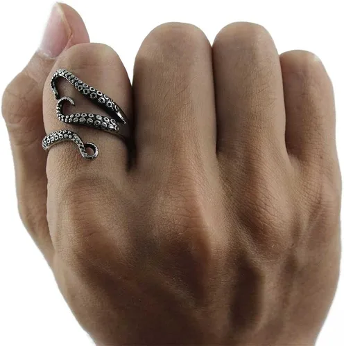 Miniatura 5 de Weelovee Anillo de pulpo antiguo punk de acero de titanio 316L para hombre y mujer, tamaño ajustable, diseño de joyería, unisex, plateado, Metal