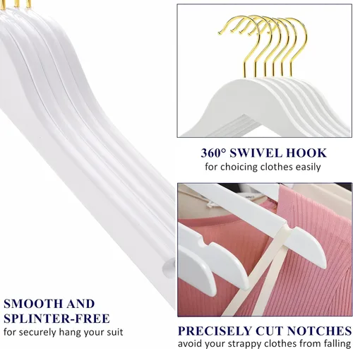 Miniatura 3 de Amber Home Paquete de 24 perchas de madera blanca con ganchos dorados, perchas de madera blanca para camisas con muescas para vestido, abrigo, novia