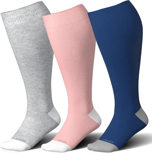 LEVSOX Calcetines de compresión de pantorrilla ancha para mujeres y hombres, talla grande, 15-20 mmHg, hasta la rodilla, medias de gran soporte para