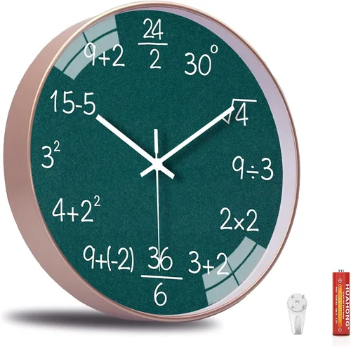 Miniatura 2 de QINFIEY Reloj de pared de matemáticas de 12 pulgadas con movimiento silencioso sin tictac, reloj de pared de cuarzo de calidad para oficina, aula