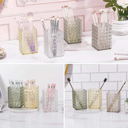 Miniatura 4 de DASITON Organizador de brochas de maquillaje, taza de brochas de maquillaje acrílica, soporte para brochas de maquillaje a rayas de diamante