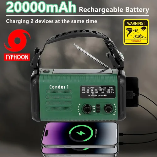 Miniatura 2 de Radio meteorológica de emergencia (Condor 1) NOAA/AM/FM con radio portátil de 74000 mWh, carga USB-C/solar/manivela, alarma SOS, linterna, lámpara