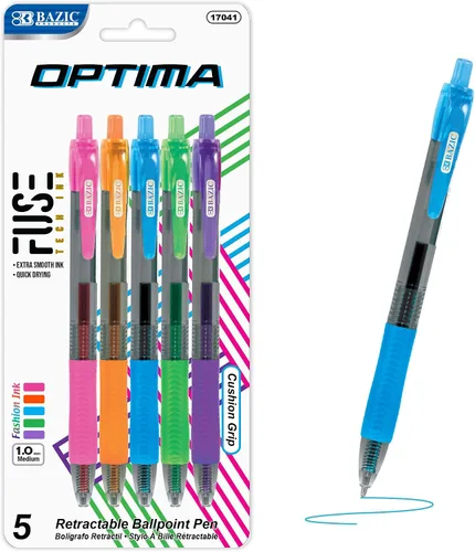 BAZIC - Bolígrafo retráctil de tinta de gel de aceite Optima de 5 colores Colores brillantes (5 unidades)